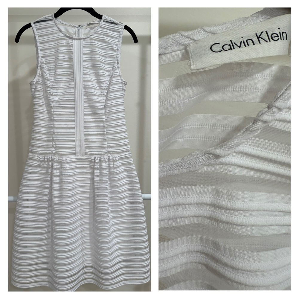 Calvin Klein White and Sheer Striped Cocktail Dress